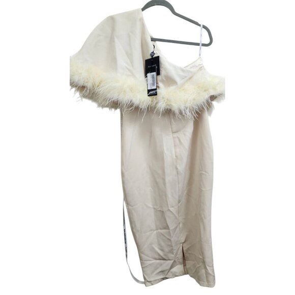 Club L London Victory | Lemon Asymmetric Midi Dress With Feather Trim Size US 8 - Picture 6 of 10